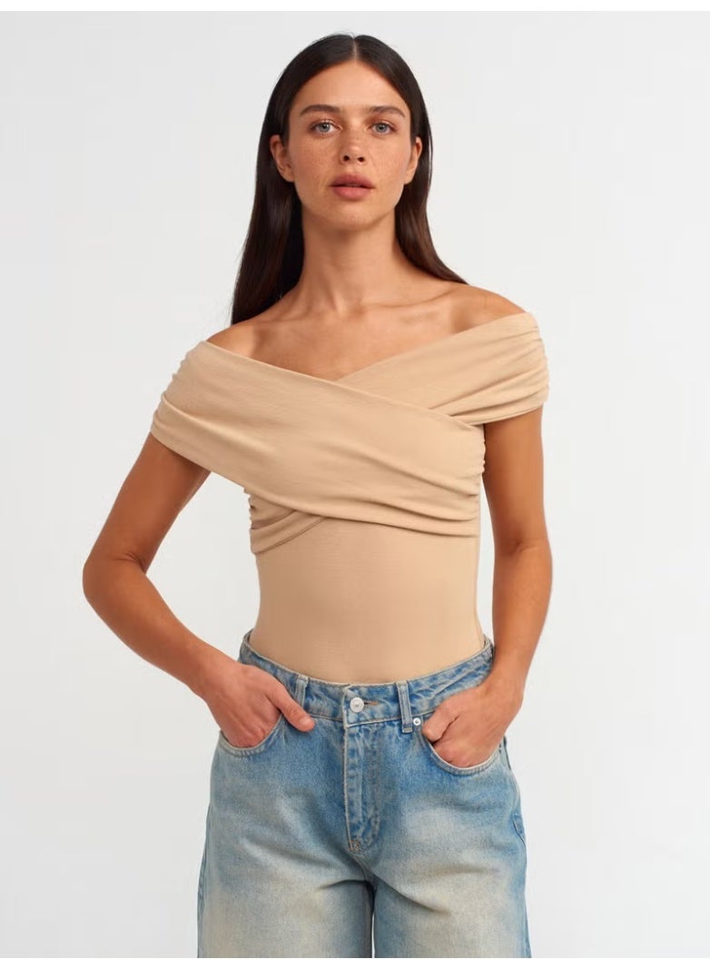 Dilvin 20828 Off Shoulders Gathered Bodysuit-Beige - Image 1